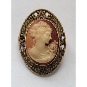 Vintage Oval Cameo Brooch Pin With Intricate Brass Frame